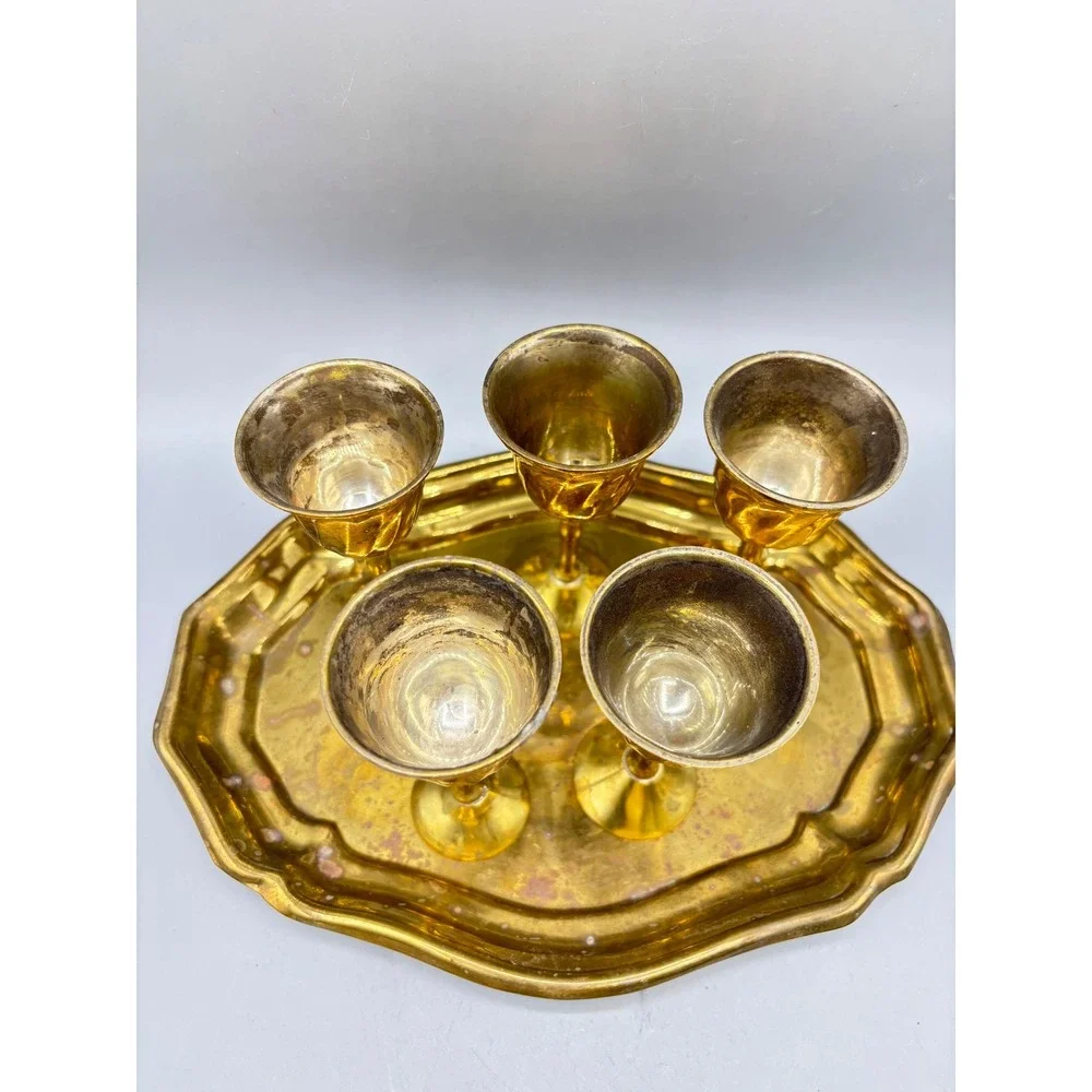 Vintage‎ Brass Liqueur Shot Glasses Set with Octagon Serving Tray Made in India